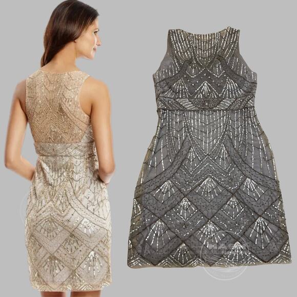 SUE WONG 12 Champagne Silver Beaded Sequin Bridal Formal Cocktail Evening Dress - Picture 3 of 16